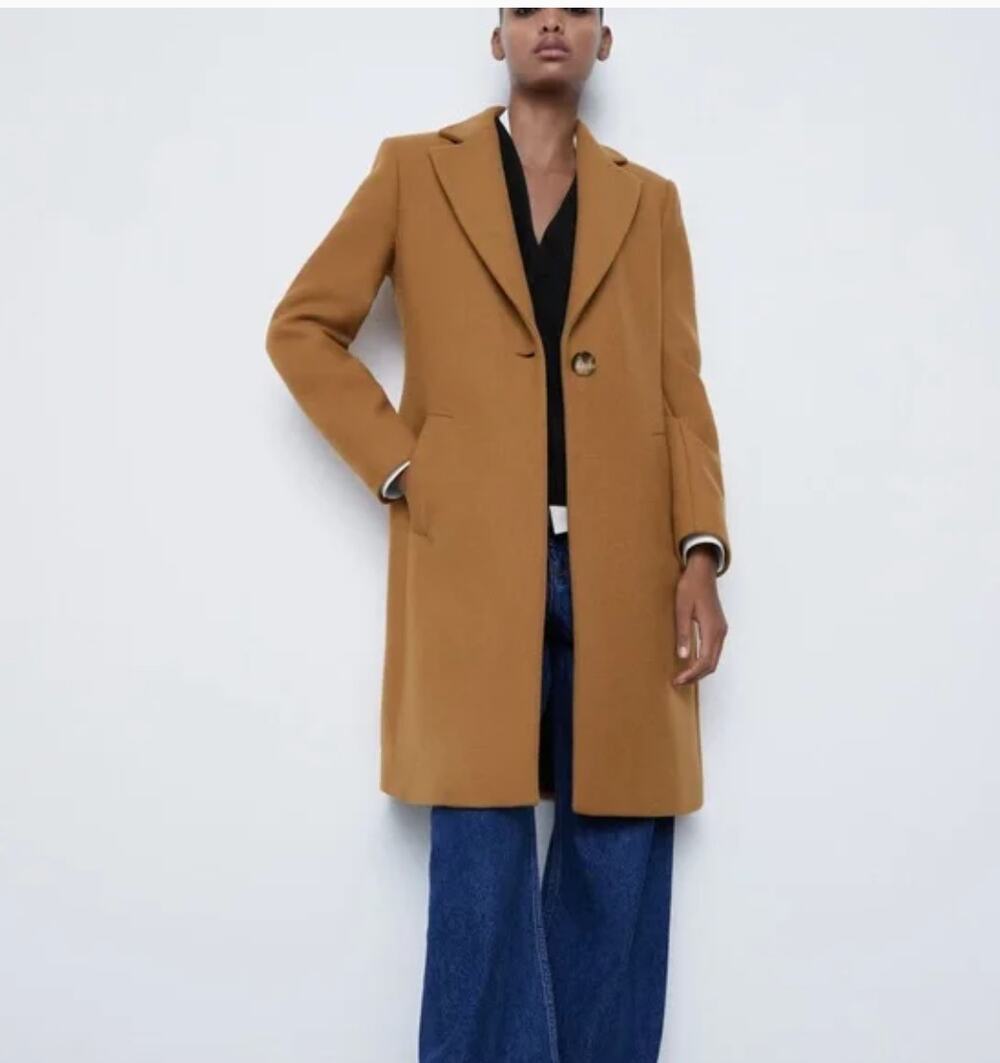 ZARA Camel Wool Blend Tailored Coat Italian Fabric Size XS